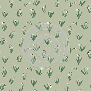 Hand drawn cartoon snowdrops, spring seamless pattern